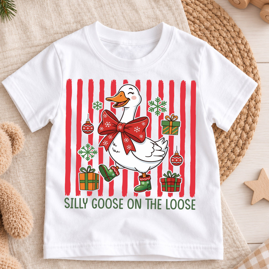 Silly Goose On The Loose Christmas Shirt, Funny Holiday Duck Tee, Festive Winter Animal Kids Outfit, Gift Holiday Outfit for Boys Girls — product view 3