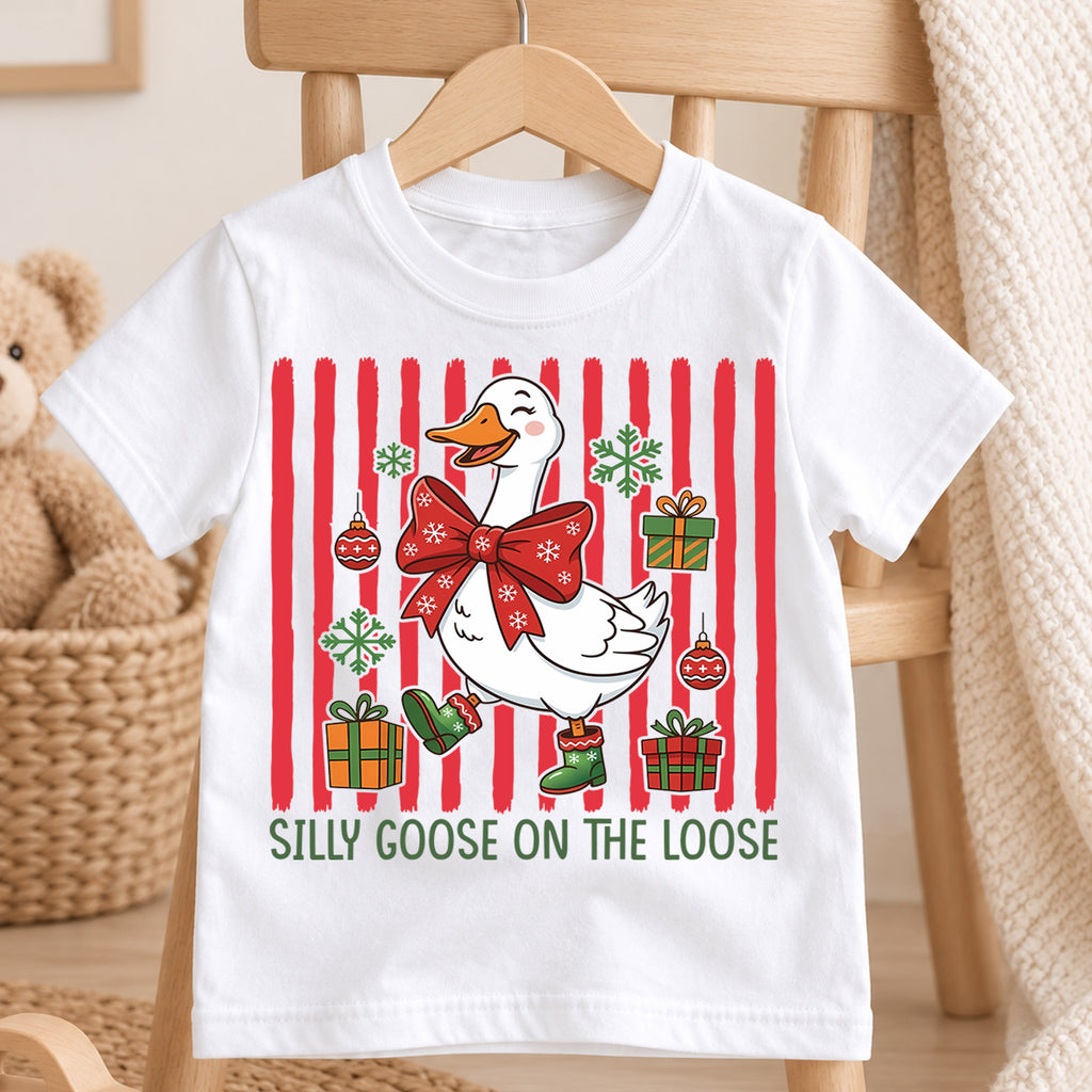 Silly Goose On The Loose Christmas Shirt, Funny Holiday Duck Tee, Festive Winter Animal Kids Outfit, Gift Holiday Outfit for Boys Girls — product view 4