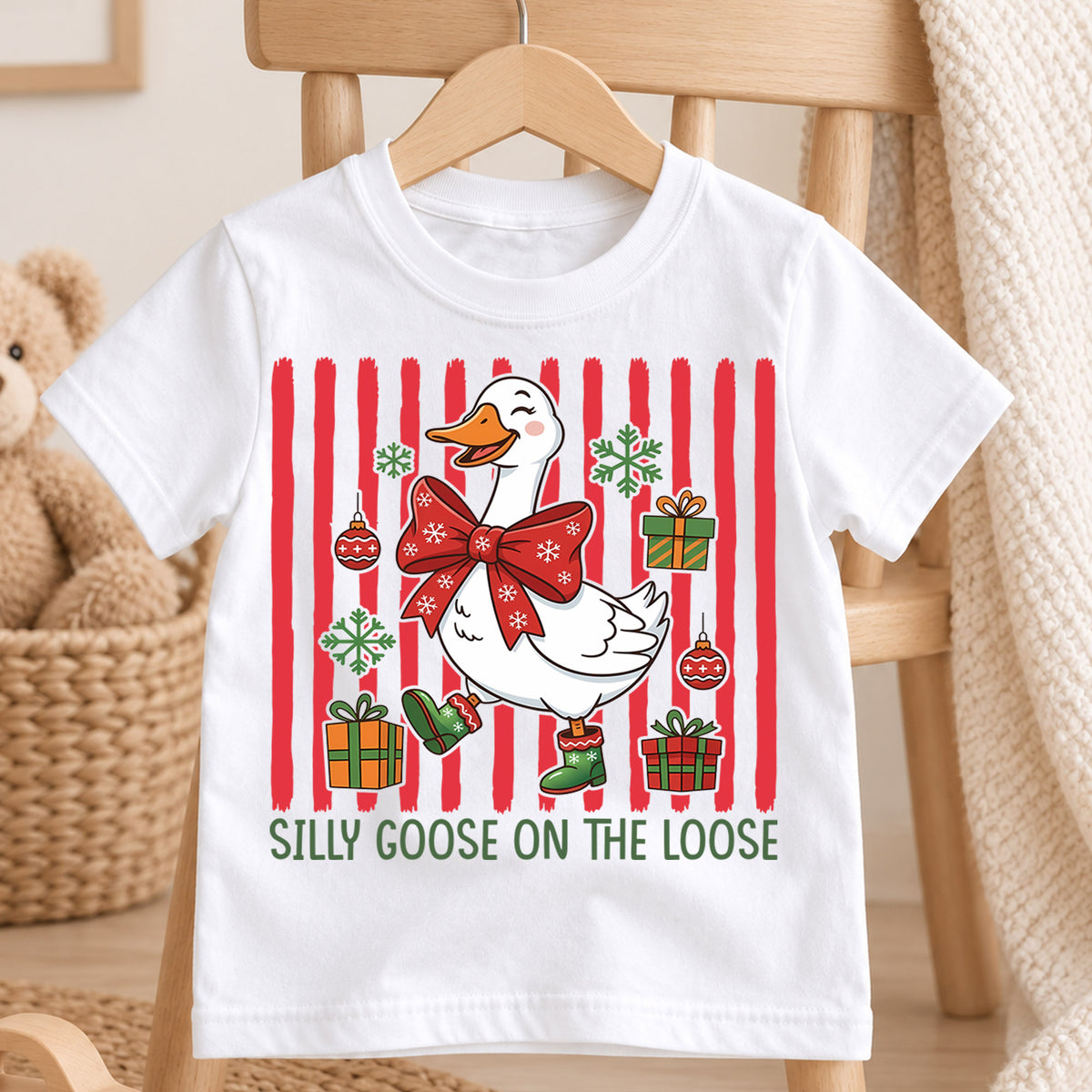 Silly Goose On The Loose Christmas Shirt, Funny Holiday Duck Tee, Festive Winter Animal Kids Outfit, Gift Holiday Outfit for Boys Girls — product view 4