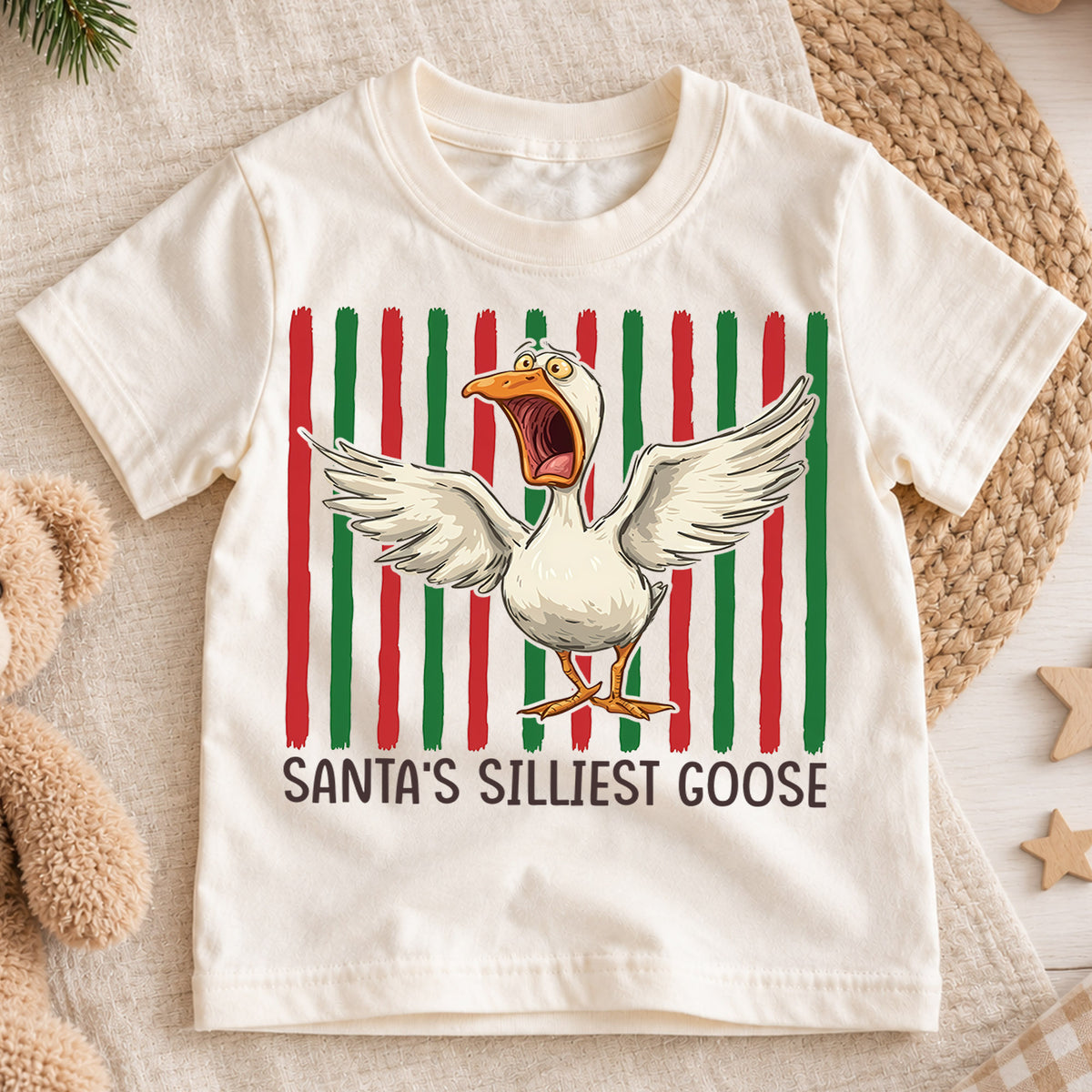 Santas Silliest Goose Christmas Shirt, Funny Screaming Duck Holiday Tee, Retro Xmas Kids Top, Gift Festive Winter Outfit for Boys Girls — product view 1