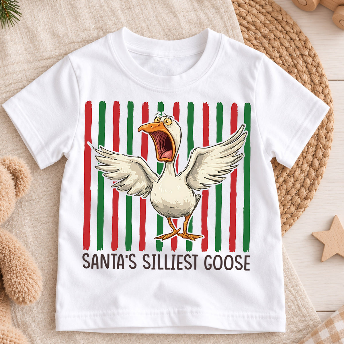 Santas Silliest Goose Christmas Shirt, Funny Screaming Duck Holiday Tee, Retro Xmas Kids Top, Gift Festive Winter Outfit for Boys Girls — product view 3