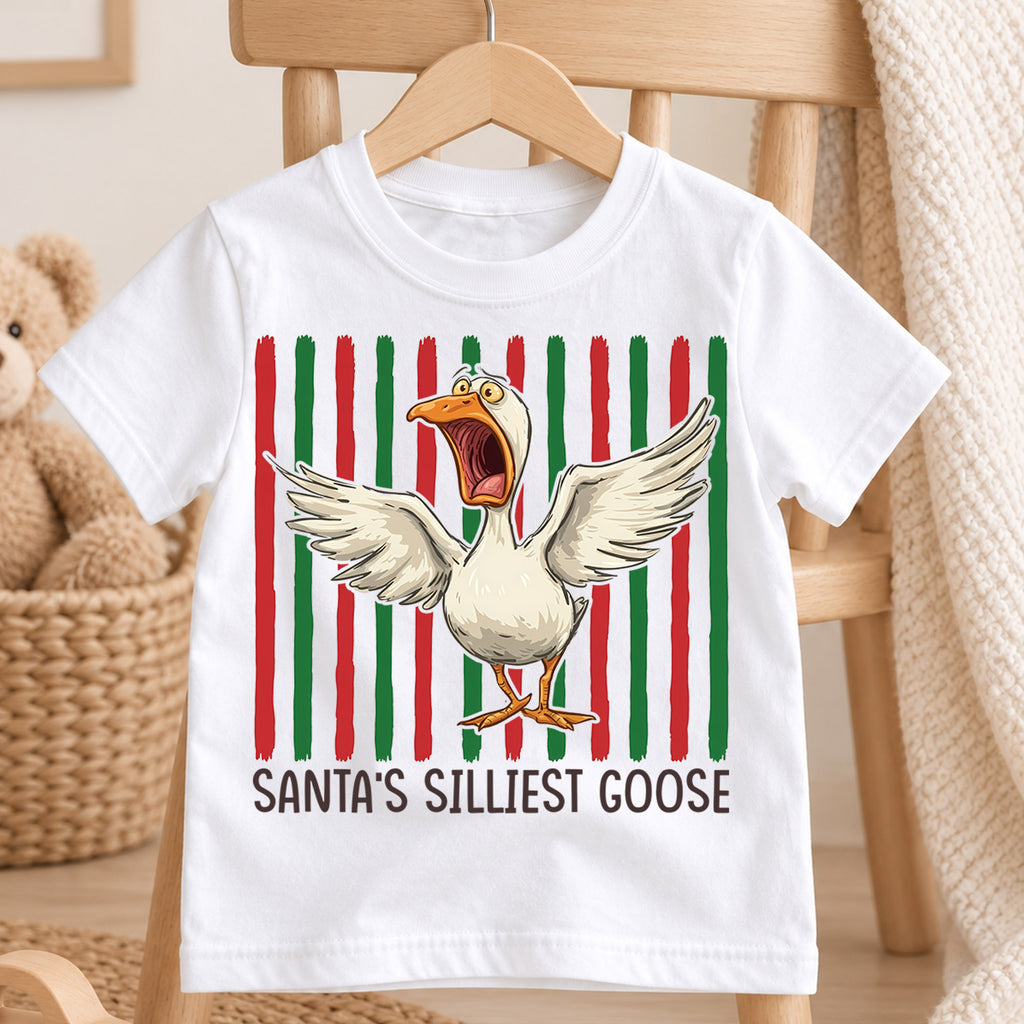 Santas Silliest Goose Christmas Shirt, Funny Screaming Duck Holiday Tee, Retro Xmas Kids Top, Gift Festive Winter Outfit for Boys Girls — product view 4