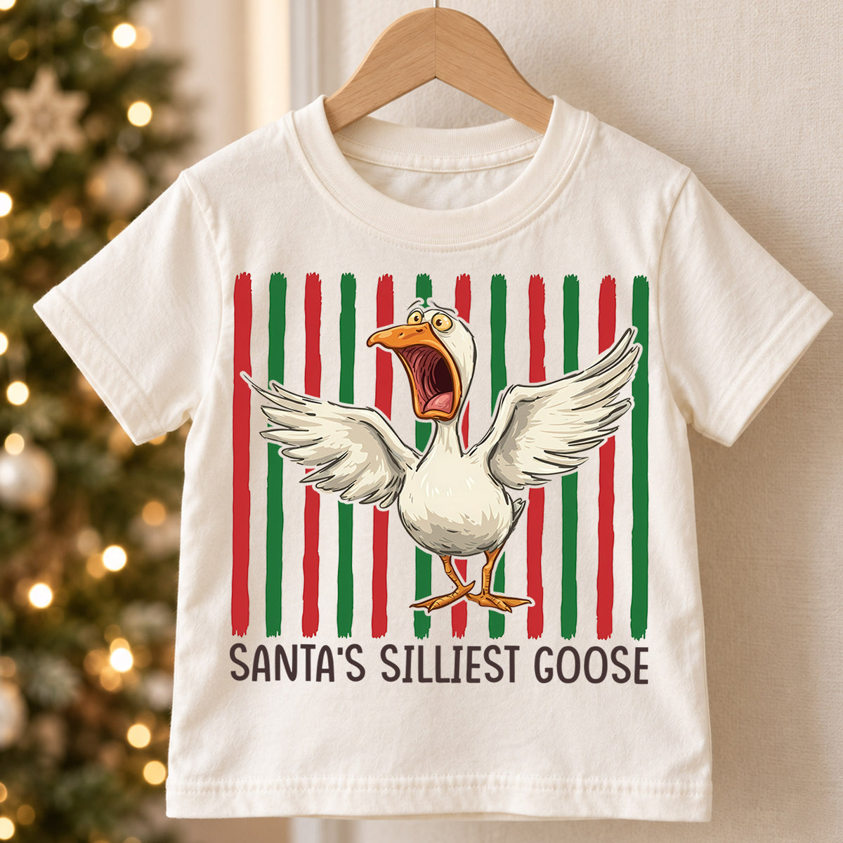 Santas Silliest Goose Christmas Shirt, Funny Screaming Duck Holiday Tee, Retro Xmas Kids Top, Gift Festive Winter Outfit for Boys Girls — product view 5