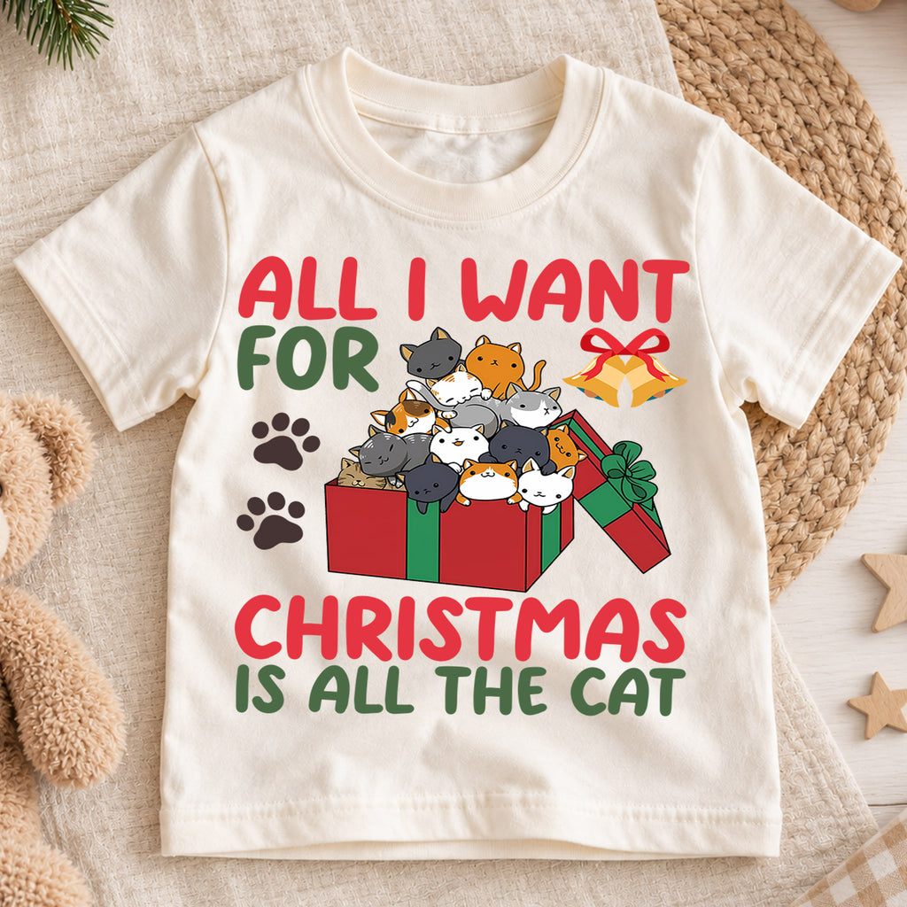 All I Want For Christmas Is Cats Shirt, Cute Kitty Gift Tee, Festive Holiday Box Outfit, Cat Lover Kids Top Holiday Outfit for Boys Girls — product view 1