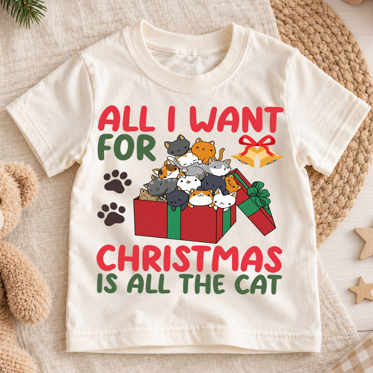 All I Want For Christmas Is Cats Shirt, Cute Kitty Gift Tee, Festive Holiday Box Outfit, Cat Lover Kids Top Holiday Outfit for Boys Girls — product view 1