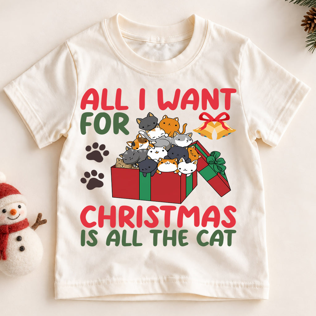 All I Want For Christmas Is Cats Shirt, Cute Kitty Gift Tee, Festive Holiday Box Outfit, Cat Lover Kids Top Holiday Outfit for Boys Girls — product view 2