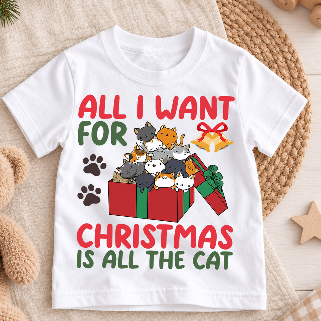All I Want For Christmas Is Cats Shirt, Cute Kitty Gift Tee, Festive Holiday Box Outfit, Cat Lover Kids Top Holiday Outfit for Boys Girls — product view 3