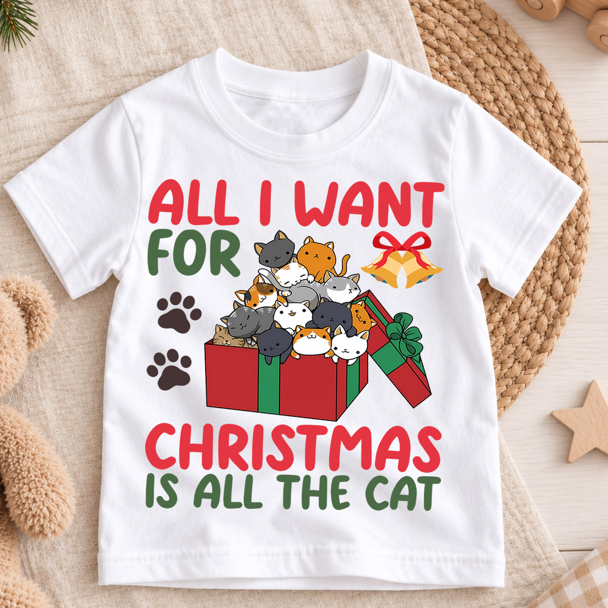 All I Want For Christmas Is Cats Shirt, Cute Kitty Gift Tee, Festive Holiday Box Outfit, Cat Lover Kids Top Holiday Outfit for Boys Girls — product view 3