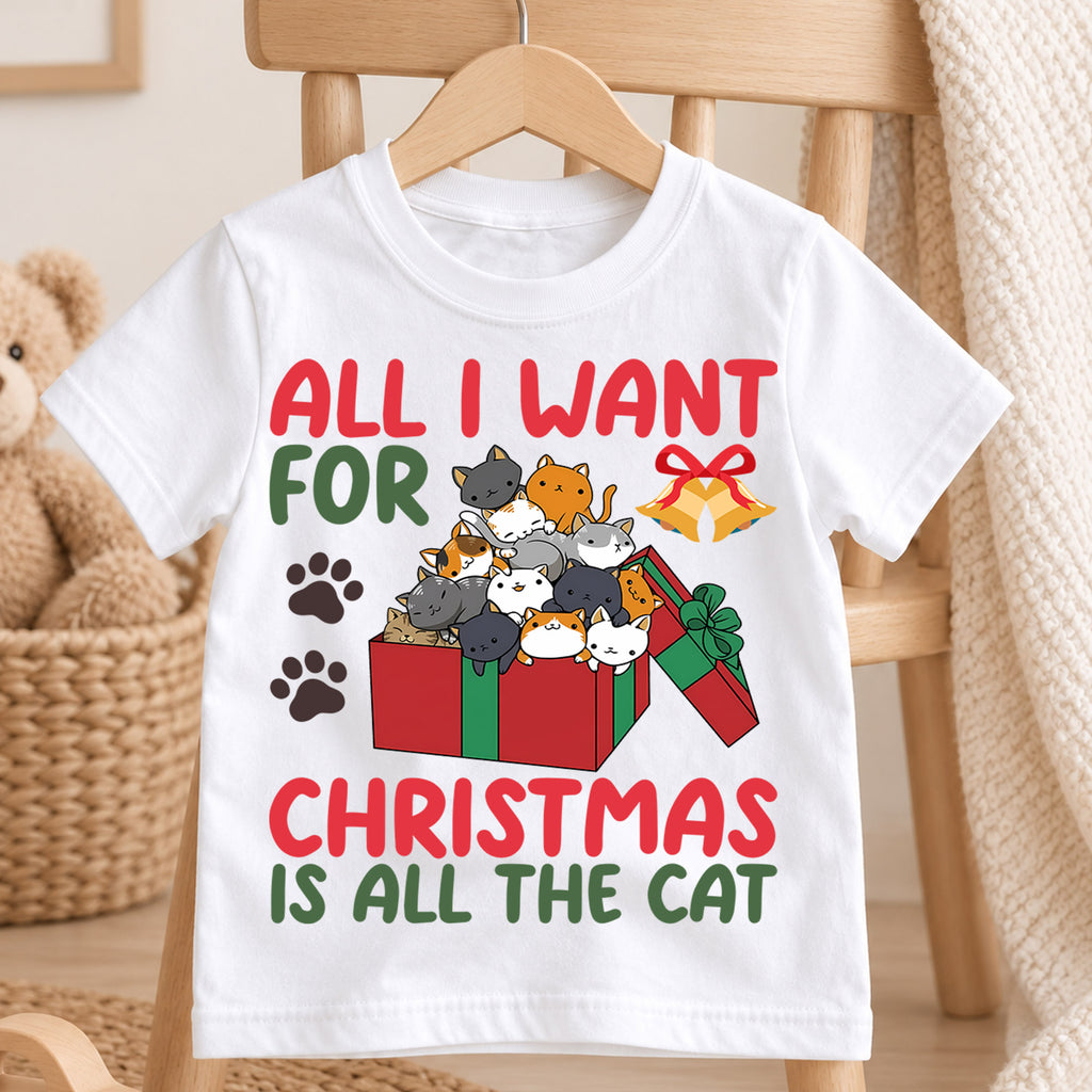 All I Want For Christmas Is Cats Shirt, Cute Kitty Gift Tee, Festive Holiday Box Outfit, Cat Lover Kids Top Holiday Outfit for Boys Girls — product view 4