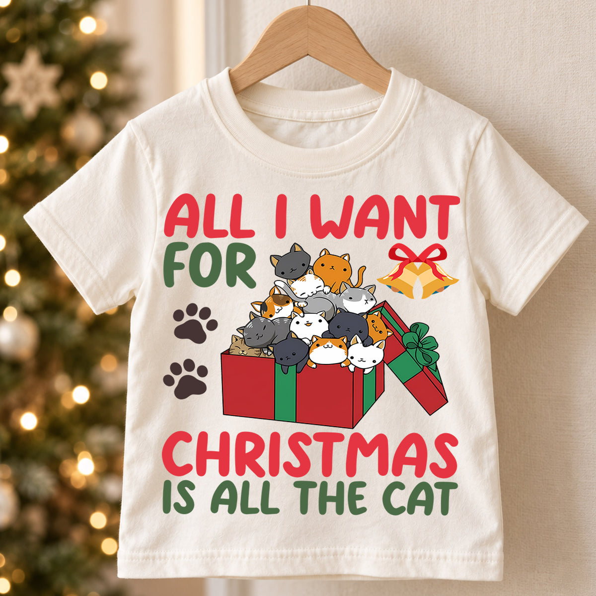 All I Want For Christmas Is Cats Shirt, Cute Kitty Gift Tee, Festive Holiday Box Outfit, Cat Lover Kids Top Holiday Outfit for Boys Girls — product view 5