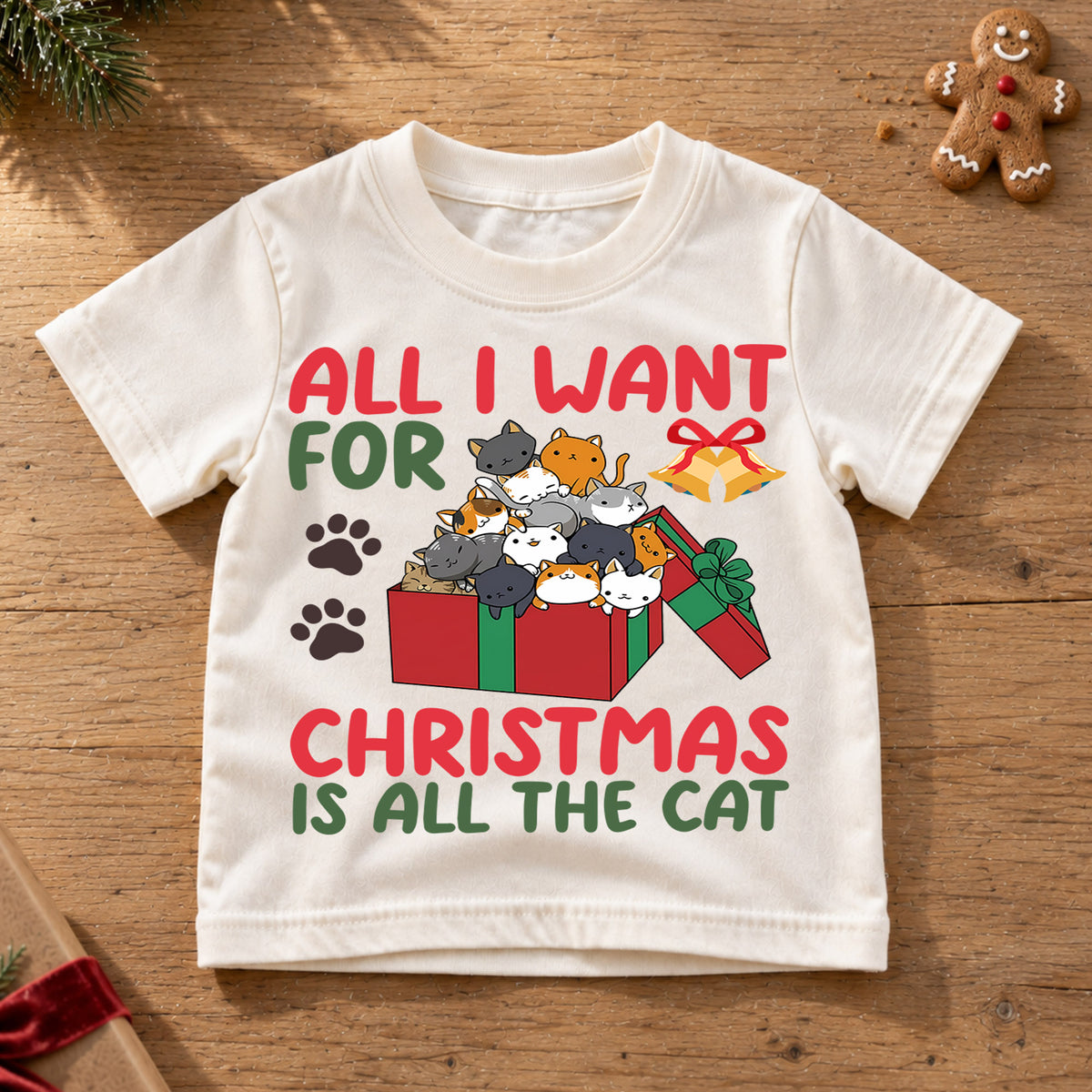 All I Want For Christmas Is Cats Shirt, Cute Kitty Gift Tee, Festive Holiday Box Outfit, Cat Lover Kids Top Holiday Outfit for Boys Girls — product view 6
