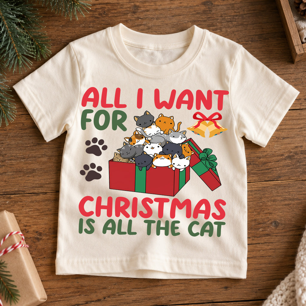 All I Want For Christmas Is Cats Shirt, Cute Kitty Gift Tee, Festive Holiday Box Outfit, Cat Lover Kids Top Holiday Outfit for Boys Girls — product view 7
