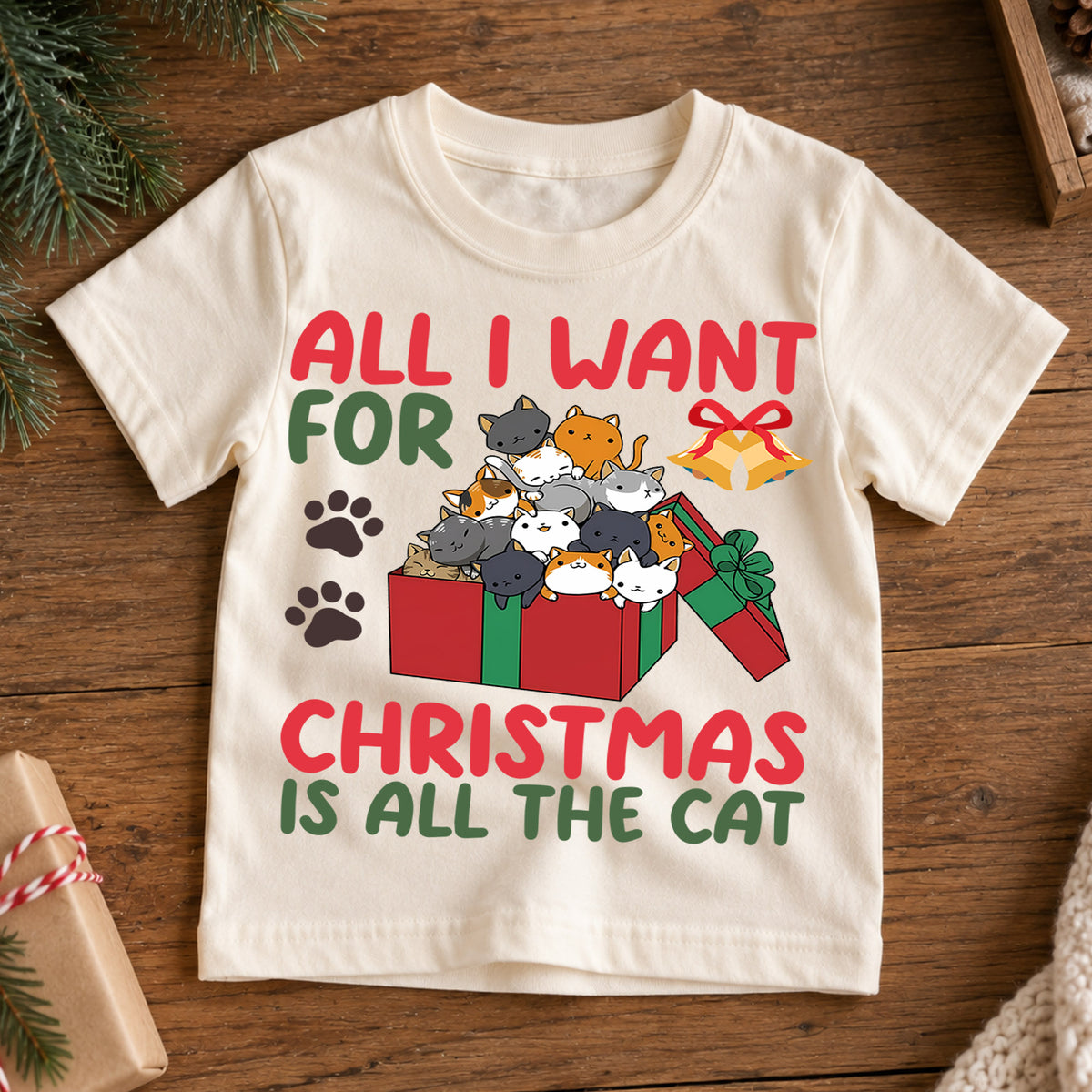 All I Want For Christmas Is Cats Shirt, Cute Kitty Gift Tee, Festive Holiday Box Outfit, Cat Lover Kids Top Holiday Outfit for Boys Girls — product view 7