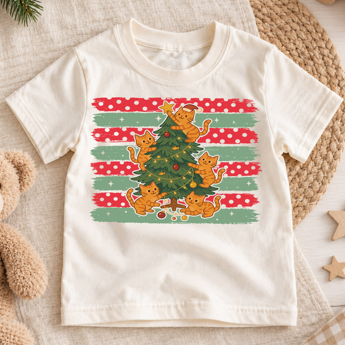Cute Orange Cats Christmas Tree Shirt, Festive Kitty Holiday Tee, Xmas Animal Kids Top, Gift For Cat Lovers Holiday Outfit for Boys Girls — product view 1