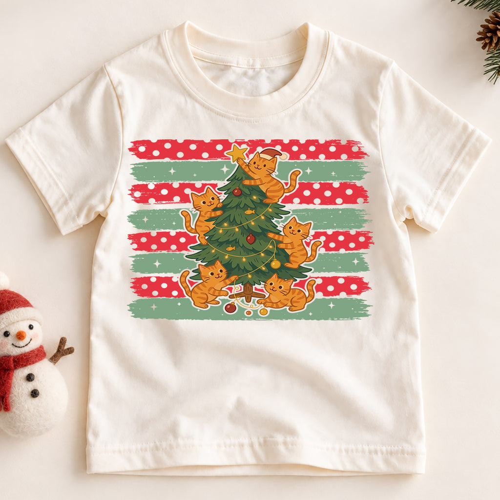 Cute Orange Cats Christmas Tree Shirt, Festive Kitty Holiday Tee, Xmas Animal Kids Top, Gift For Cat Lovers Holiday Outfit for Boys Girls — product view 2
