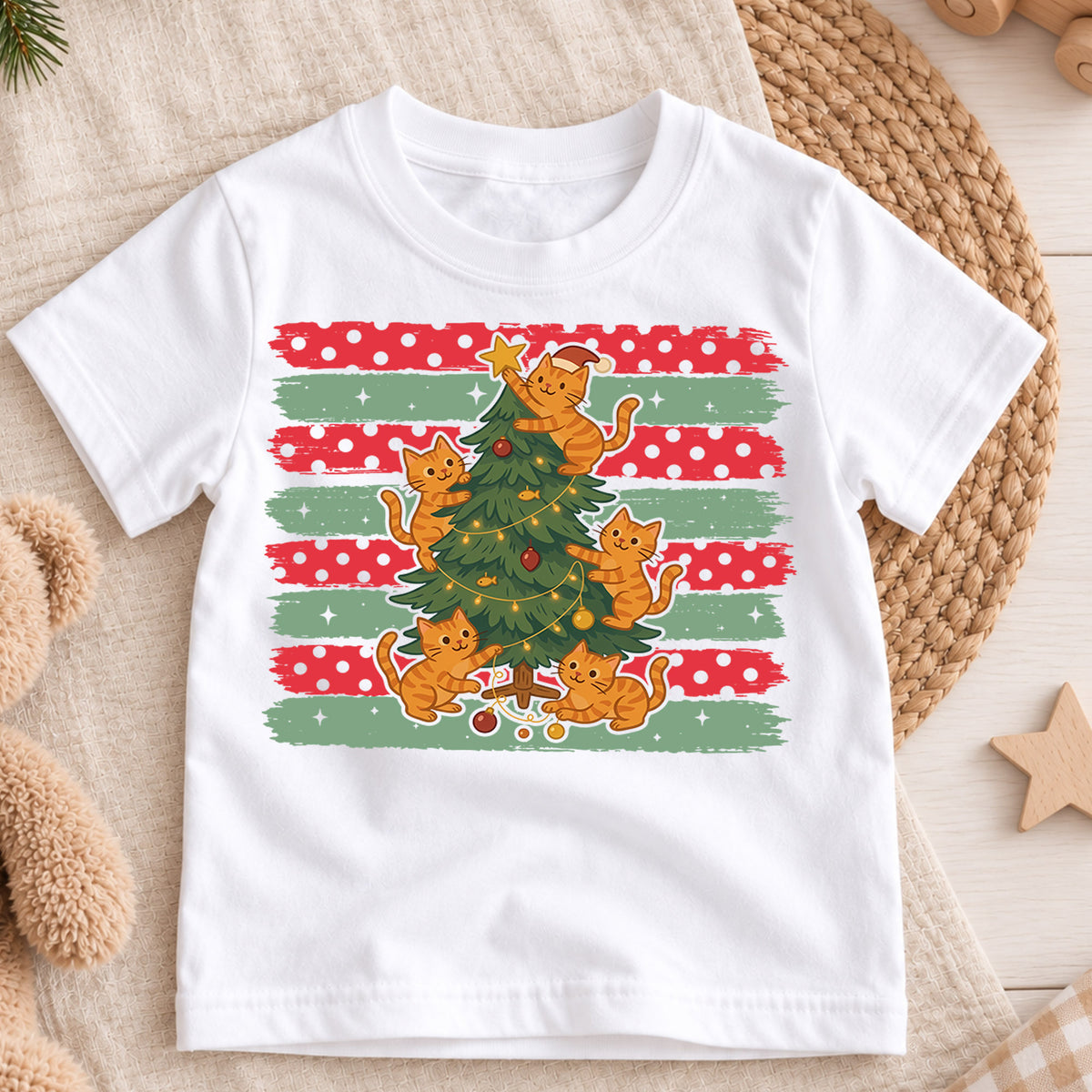 Cute Orange Cats Christmas Tree Shirt, Festive Kitty Holiday Tee, Xmas Animal Kids Top, Gift For Cat Lovers Holiday Outfit for Boys Girls — product view 3