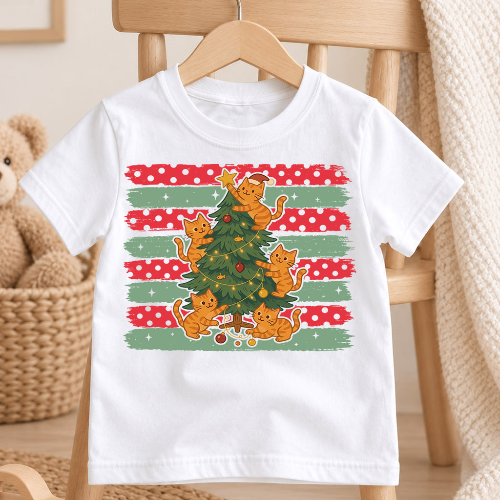 Cute Orange Cats Christmas Tree Shirt, Festive Kitty Holiday Tee, Xmas Animal Kids Top, Gift For Cat Lovers Holiday Outfit for Boys Girls — product view 4