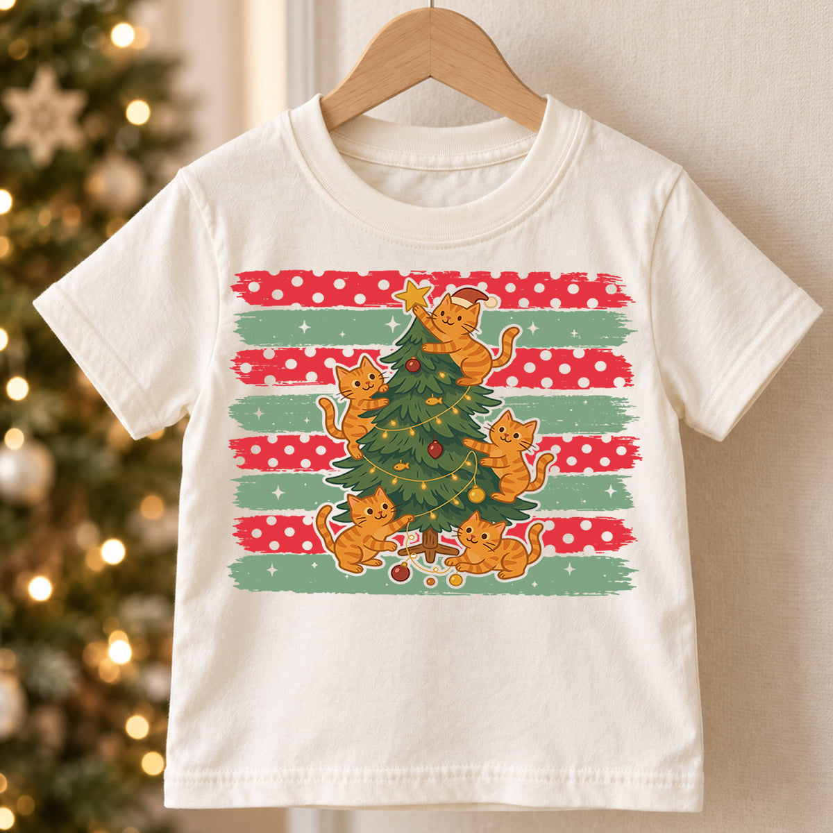 Cute Orange Cats Christmas Tree Shirt, Festive Kitty Holiday Tee, Xmas Animal Kids Top, Gift For Cat Lovers Holiday Outfit for Boys Girls — product view 5