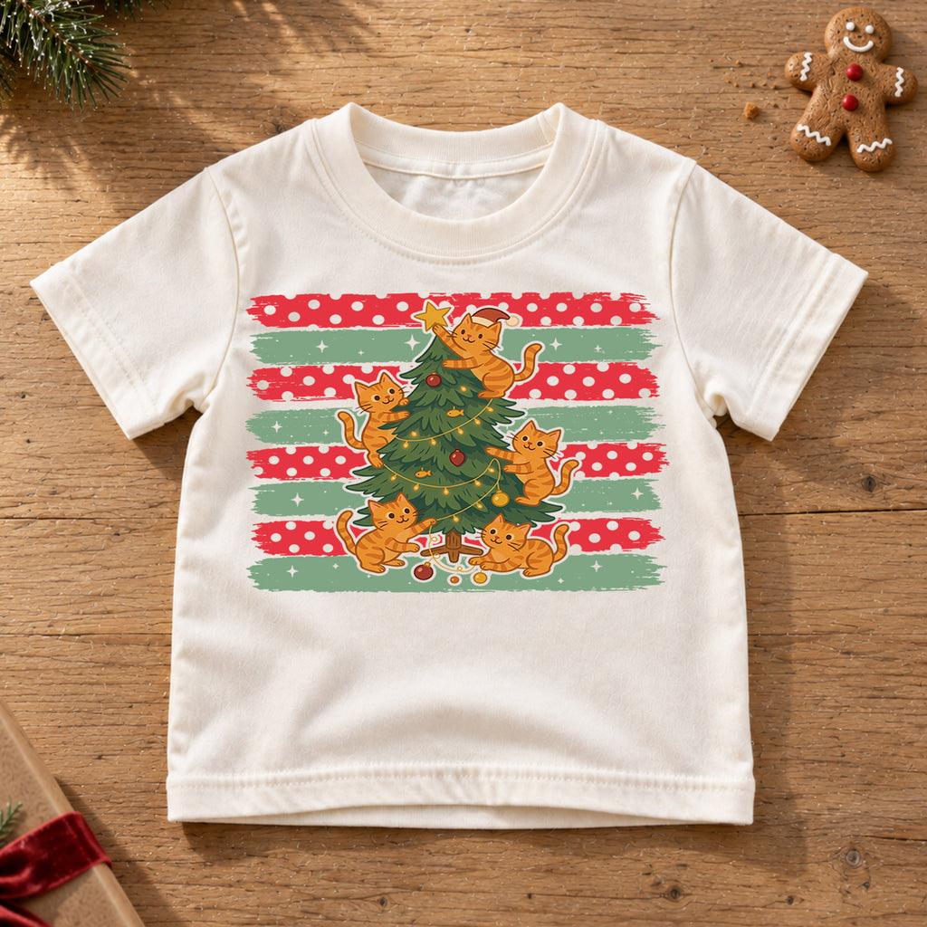 Cute Orange Cats Christmas Tree Shirt, Festive Kitty Holiday Tee, Xmas Animal Kids Top, Gift For Cat Lovers Holiday Outfit for Boys Girls — product view 6