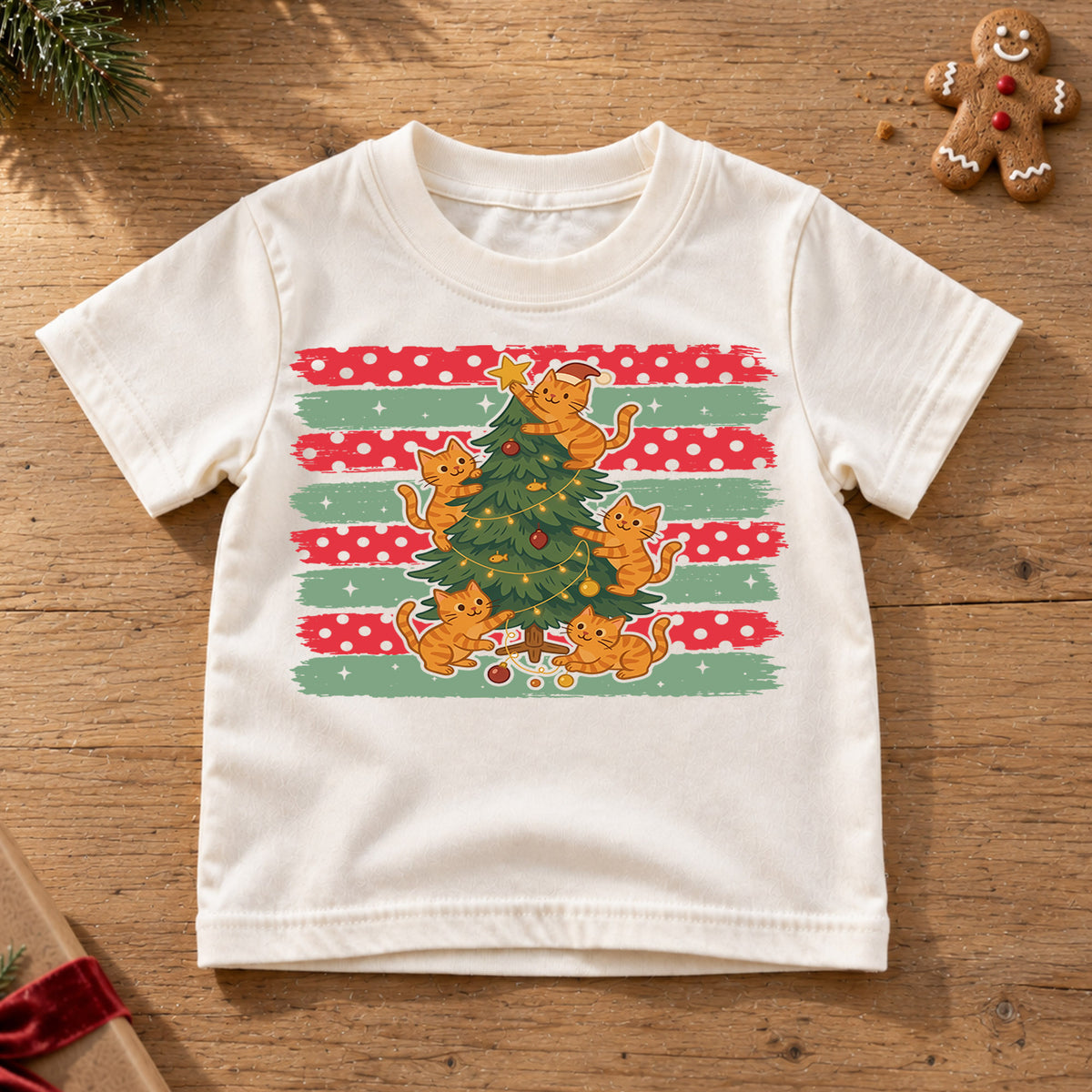 Cute Orange Cats Christmas Tree Shirt, Festive Kitty Holiday Tee, Xmas Animal Kids Top, Gift For Cat Lovers Holiday Outfit for Boys Girls — product view 6