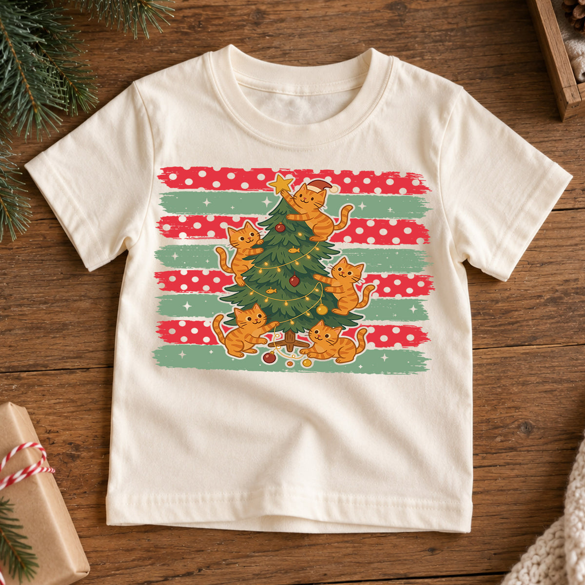 Cute Orange Cats Christmas Tree Shirt, Festive Kitty Holiday Tee, Xmas Animal Kids Top, Gift For Cat Lovers Holiday Outfit for Boys Girls — product view 7