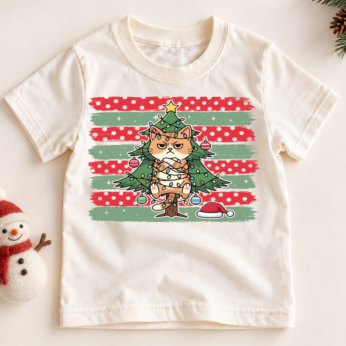 Funny Grumpy Orange Cat Christmas Shirt, Tangled Lights Tree Tee, Retro Holiday Kids Top, Gift For Kids Holiday Outfit for Boys Girls — product view 2