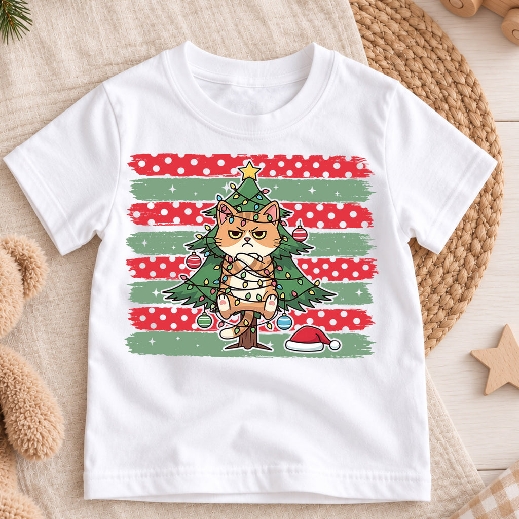 Funny Grumpy Orange Cat Christmas Shirt, Tangled Lights Tree Tee, Retro Holiday Kids Top, Gift For Kids Holiday Outfit for Boys Girls — product view 3
