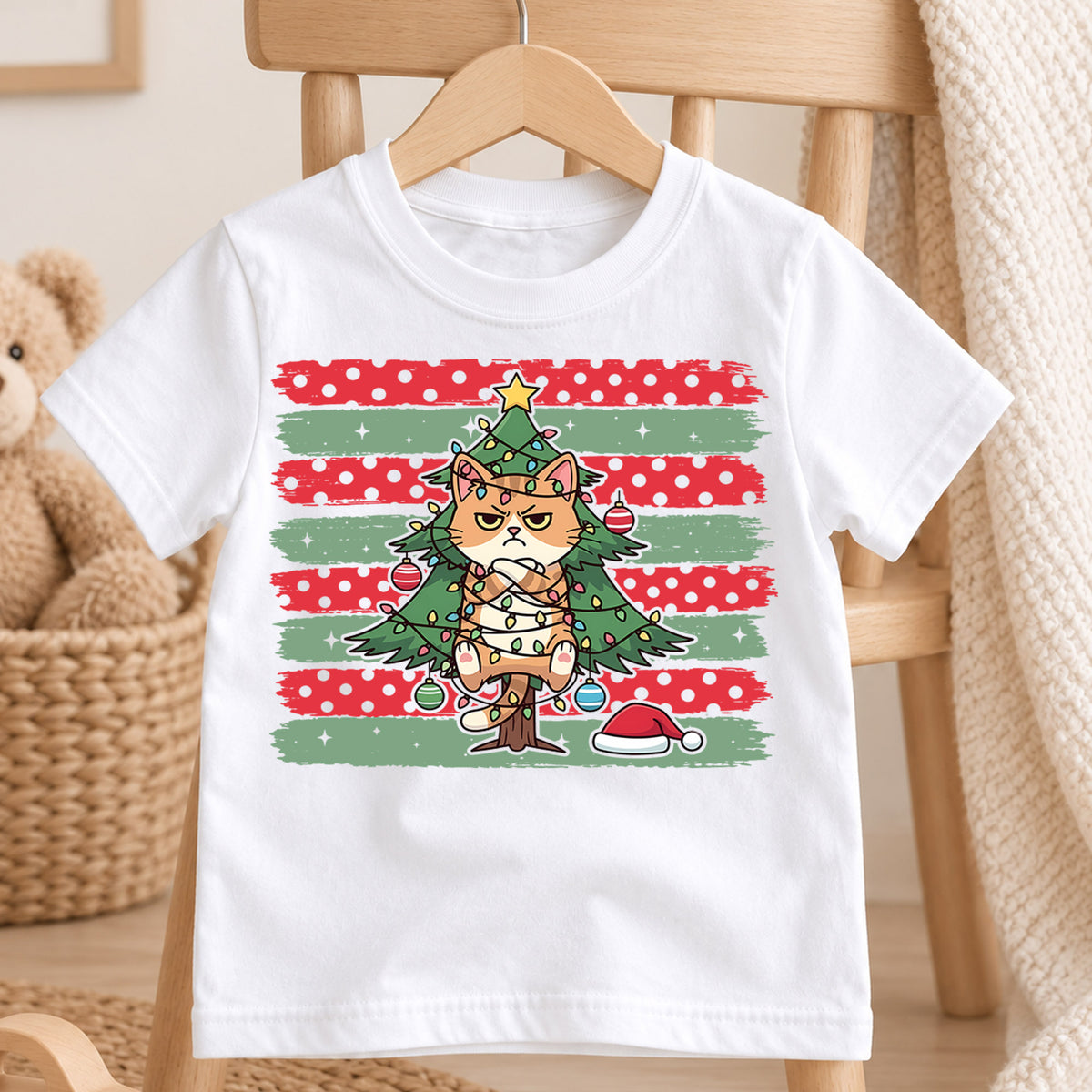 Funny Grumpy Orange Cat Christmas Shirt, Tangled Lights Tree Tee, Retro Holiday Kids Top, Gift For Kids Holiday Outfit for Boys Girls — product view 4
