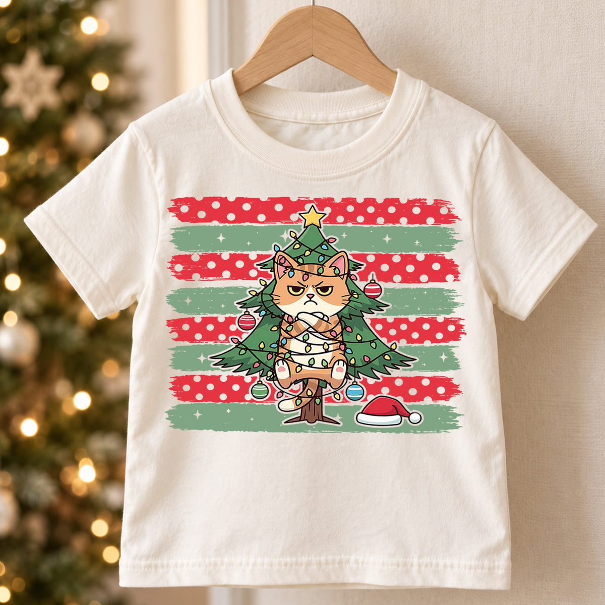 Funny Grumpy Orange Cat Christmas Shirt, Tangled Lights Tree Tee, Retro Holiday Kids Top, Gift For Kids Holiday Outfit for Boys Girls — product view 5
