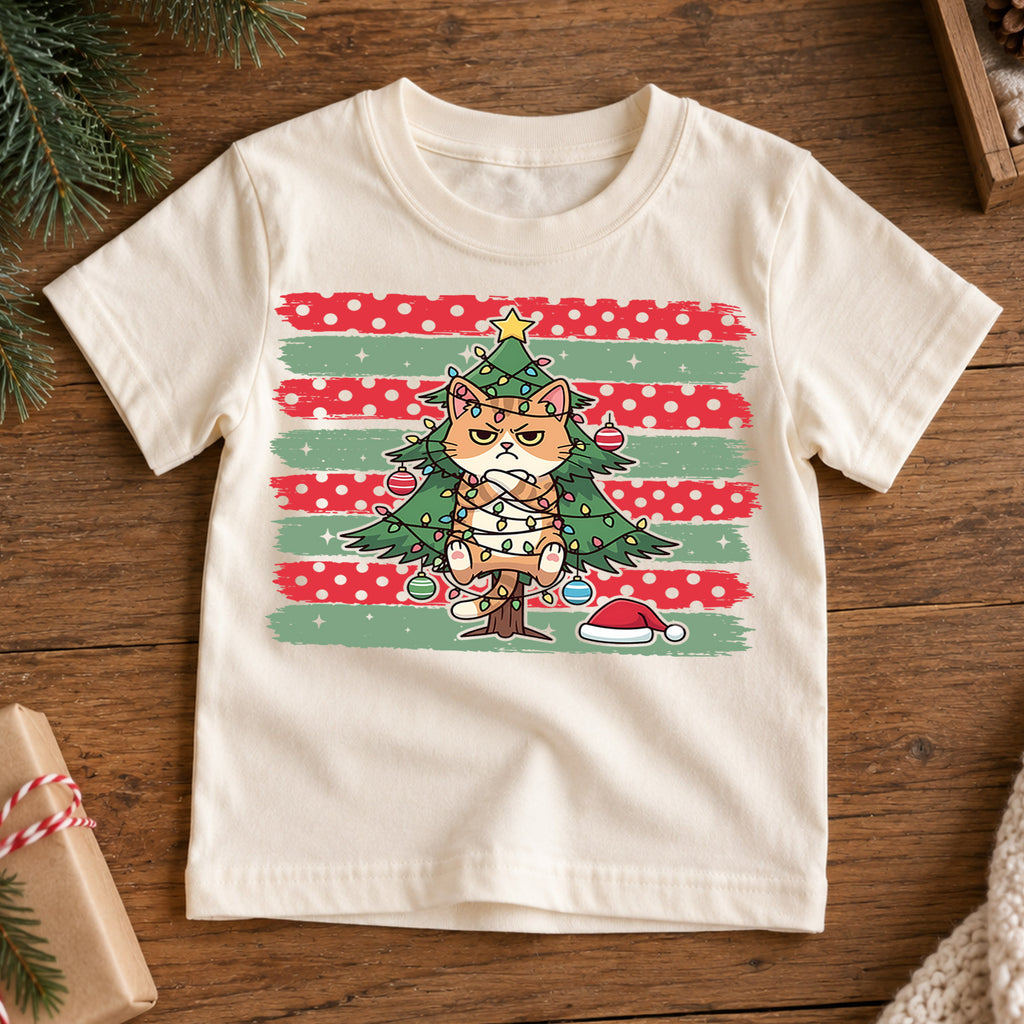 Funny Grumpy Orange Cat Christmas Shirt, Tangled Lights Tree Tee, Retro Holiday Kids Top, Gift For Kids Holiday Outfit for Boys Girls — product view 7