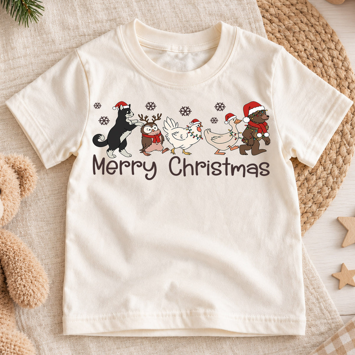 Merry Christmas Cute Animals Shirt, Santa Hat Farm Friends Tee, Festive Holiday Kids Outfit, Winter Gift Holiday Outfit for Boys Girls — product view 1