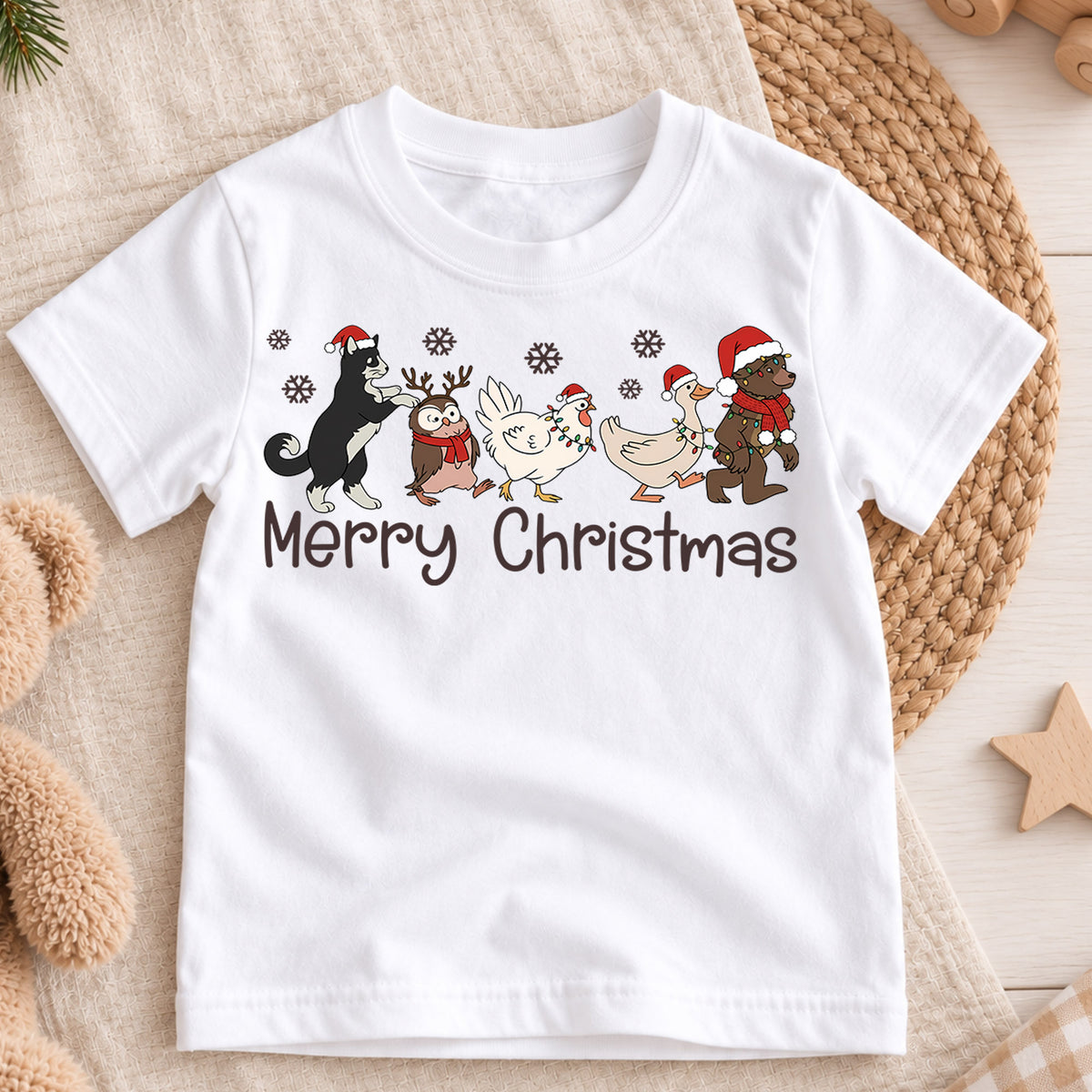 Merry Christmas Cute Animals Shirt, Santa Hat Farm Friends Tee, Festive Holiday Kids Outfit, Winter Gift Holiday Outfit for Boys Girls — product view 3