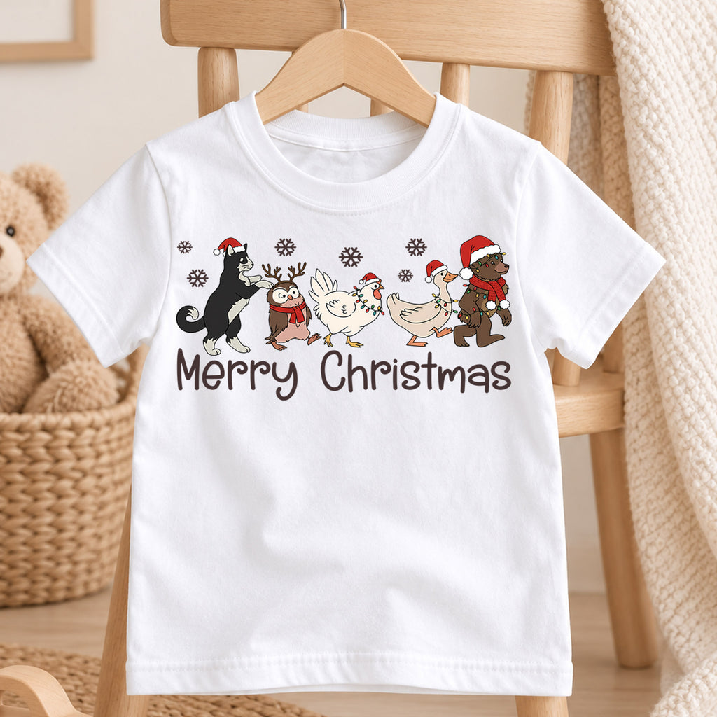 Merry Christmas Cute Animals Shirt, Santa Hat Farm Friends Tee, Festive Holiday Kids Outfit, Winter Gift Holiday Outfit for Boys Girls — product view 4