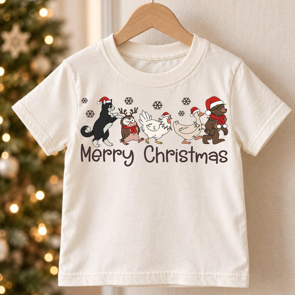 Merry Christmas Cute Animals Shirt, Santa Hat Farm Friends Tee, Festive Holiday Kids Outfit, Winter Gift Holiday Outfit for Boys Girls — product view 5