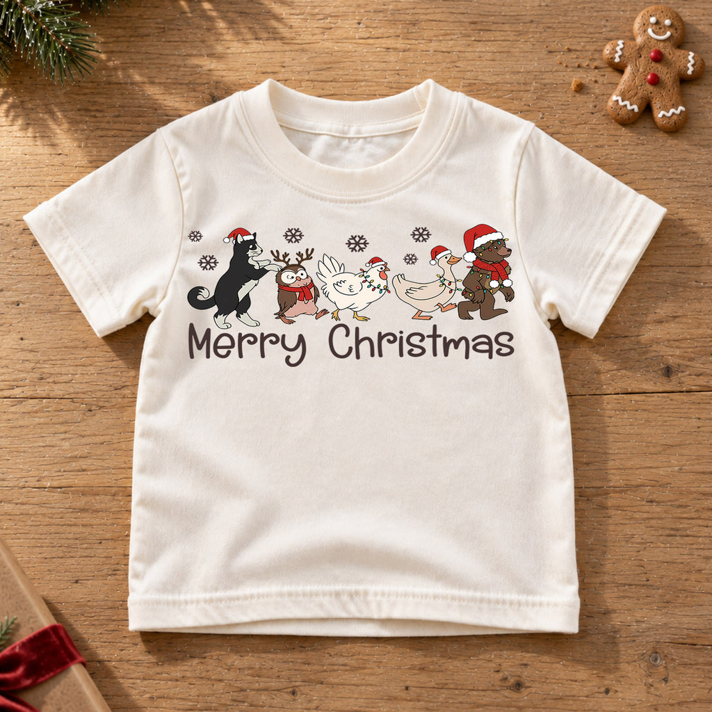 Merry Christmas Cute Animals Shirt, Santa Hat Farm Friends Tee, Festive Holiday Kids Outfit, Winter Gift Holiday Outfit for Boys Girls — product view 6