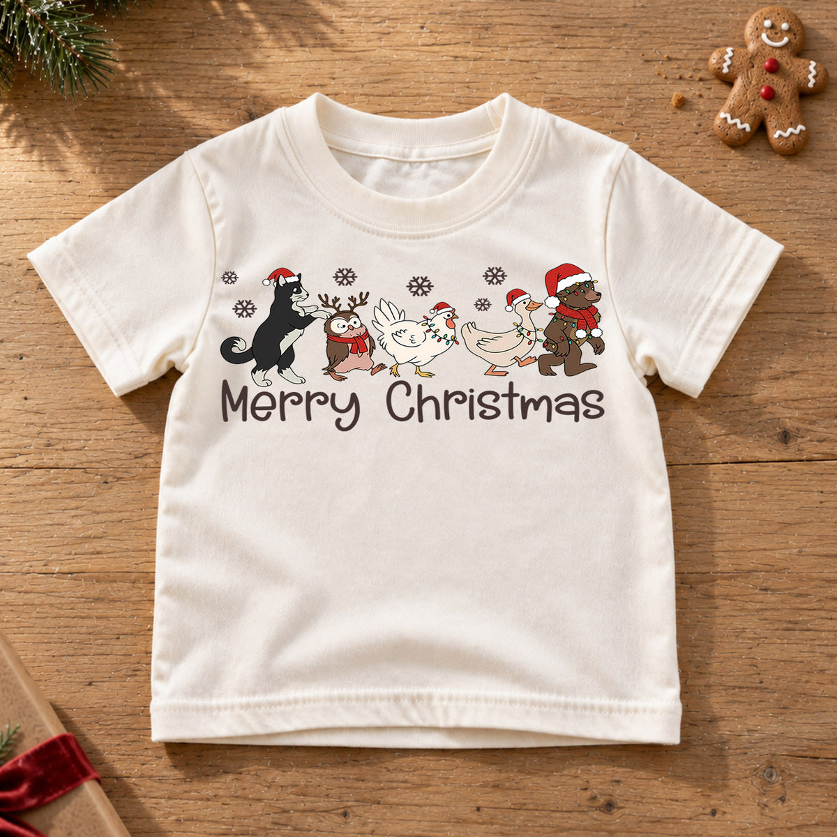 Merry Christmas Cute Animals Shirt, Santa Hat Farm Friends Tee, Festive Holiday Kids Outfit, Winter Gift Holiday Outfit for Boys Girls — product view 6