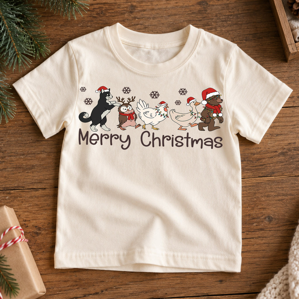 Merry Christmas Cute Animals Shirt, Santa Hat Farm Friends Tee, Festive Holiday Kids Outfit, Winter Gift Holiday Outfit for Boys Girls — product view 7