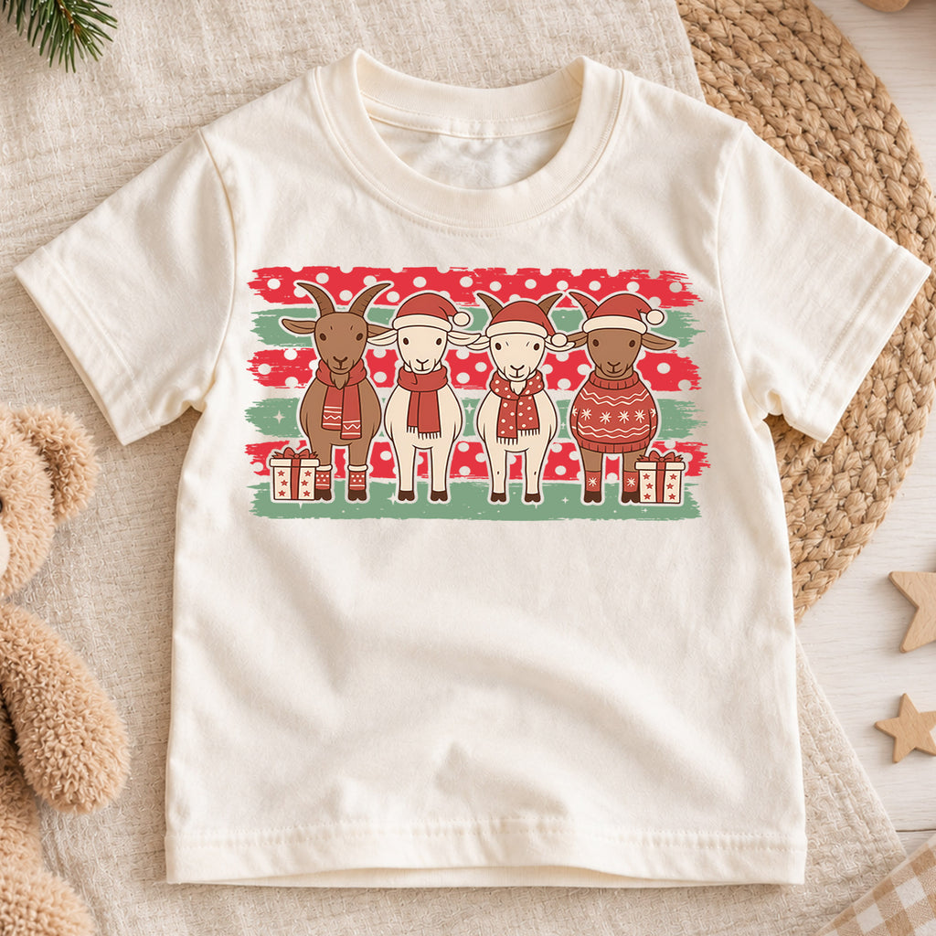 Cute Christmas Goats Shirt, Holiday Farm Animals Toddler Tee, Festive Winter Sweaters Top, Gift For Kids Holiday Outfit for Boys Girls — product view 1