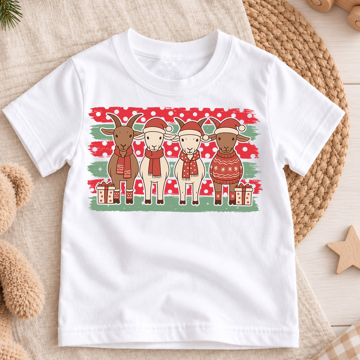 Cute Christmas Goats Shirt, Holiday Farm Animals Toddler Tee, Festive Winter Sweaters Top, Gift For Kids Holiday Outfit for Boys Girls — product view 3