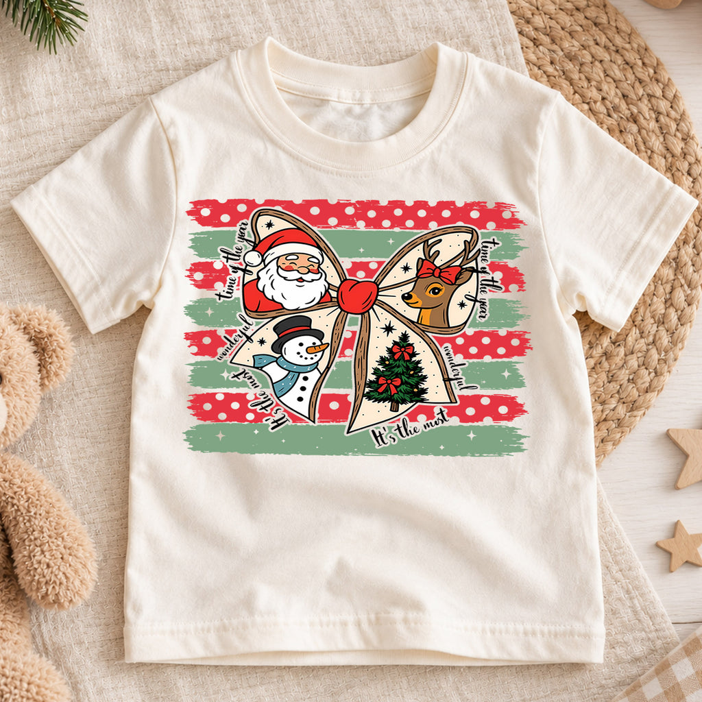 Retro Christmas Bow Grid Shirt, Festive Holiday Characters Tee, Cute Santa Reindeer Kids Outfit, Gift Holiday Outfit for Boys Girls — product view 1
