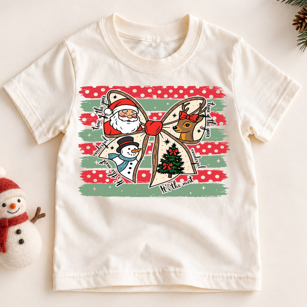 Retro Christmas Bow Grid Shirt, Festive Holiday Characters Tee, Cute Santa Reindeer Kids Outfit, Gift Holiday Outfit for Boys Girls — product view 2