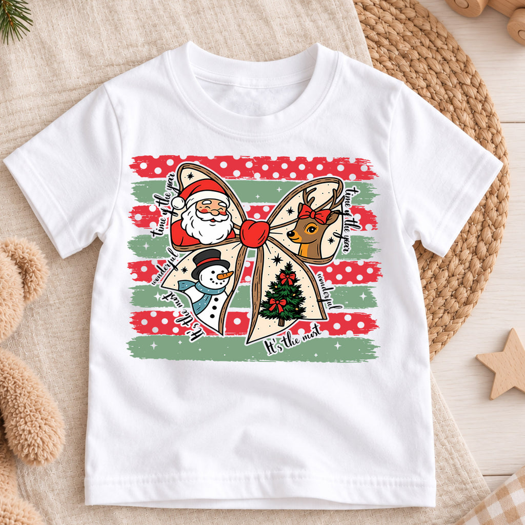 Retro Christmas Bow Grid Shirt, Festive Holiday Characters Tee, Cute Santa Reindeer Kids Outfit, Gift Holiday Outfit for Boys Girls — product view 3