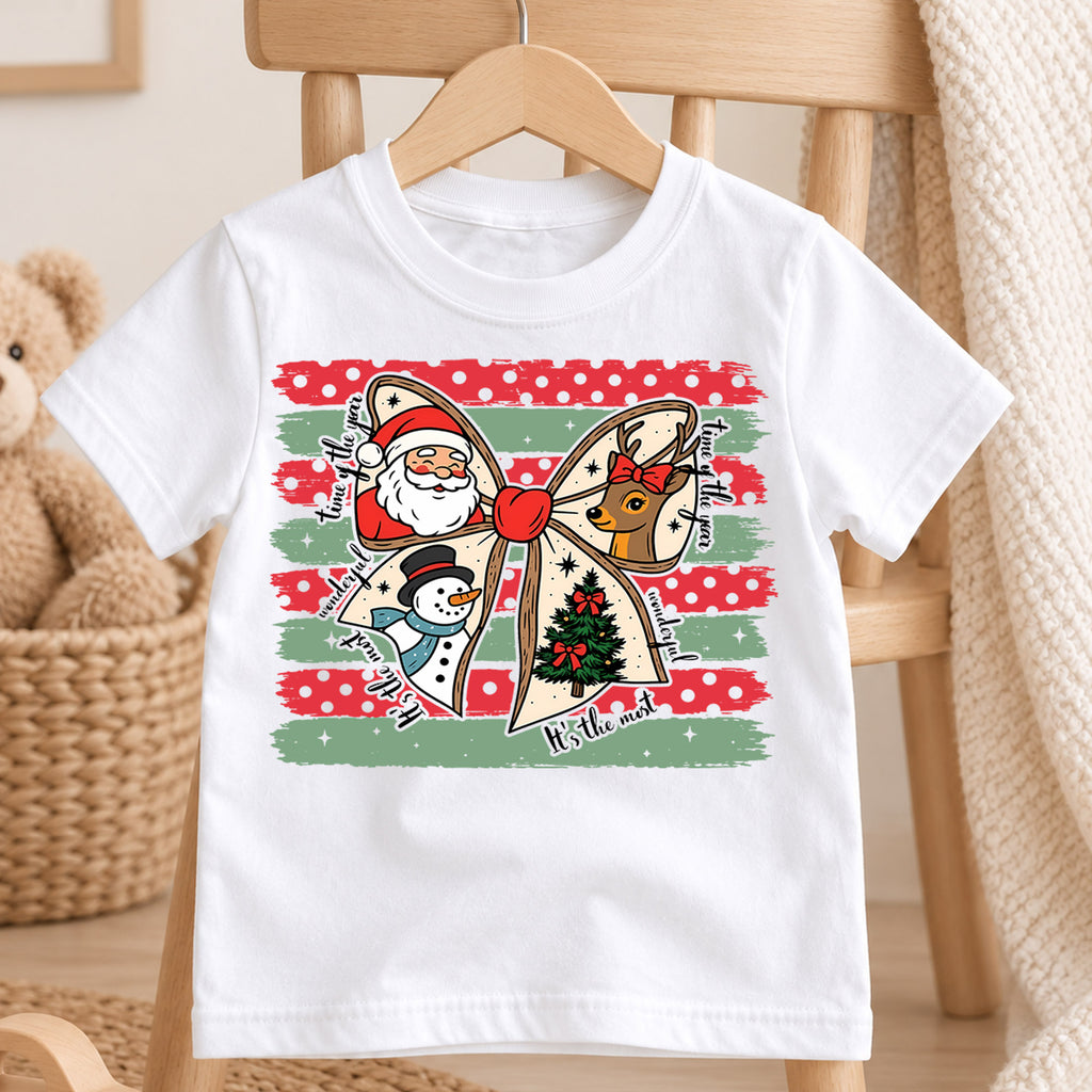 Retro Christmas Bow Grid Shirt, Festive Holiday Characters Tee, Cute Santa Reindeer Kids Outfit, Gift Holiday Outfit for Boys Girls — product view 4