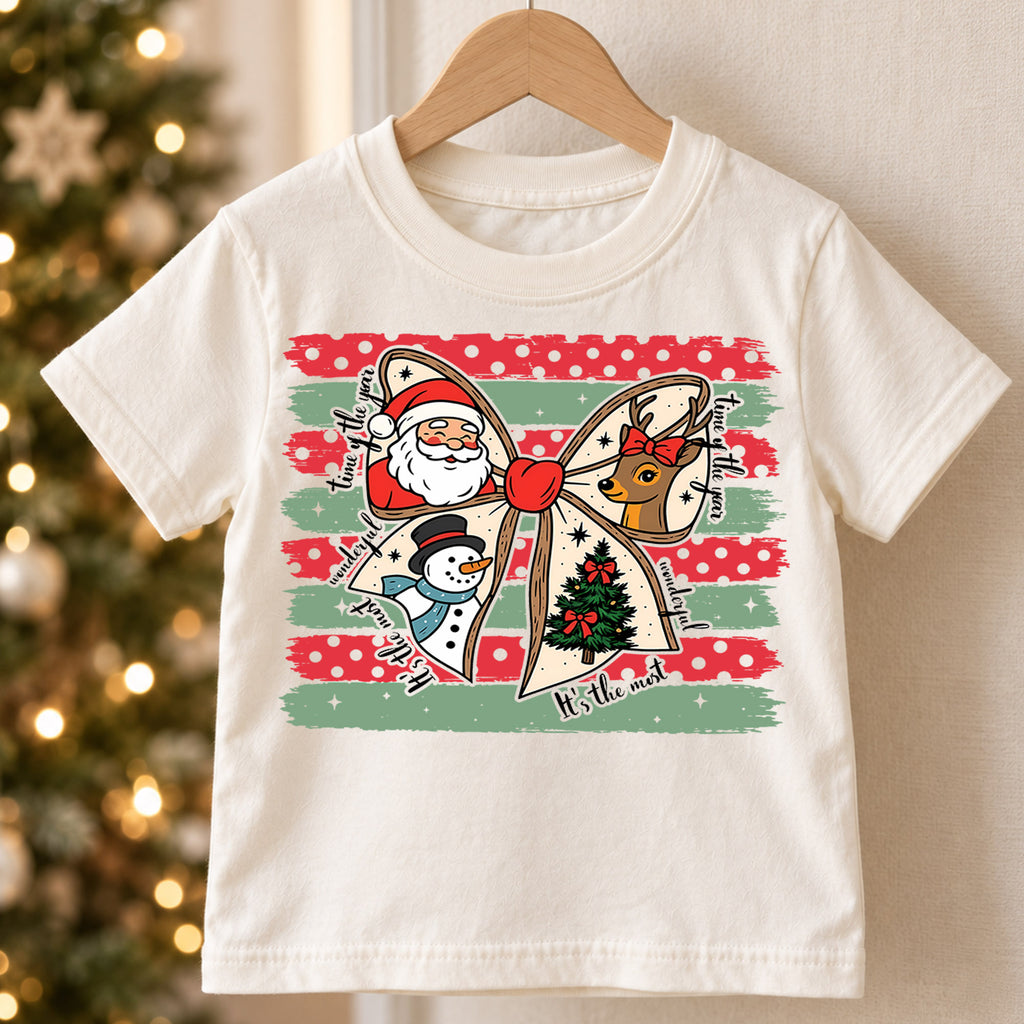 Retro Christmas Bow Grid Shirt, Festive Holiday Characters Tee, Cute Santa Reindeer Kids Outfit, Gift Holiday Outfit for Boys Girls — product view 5