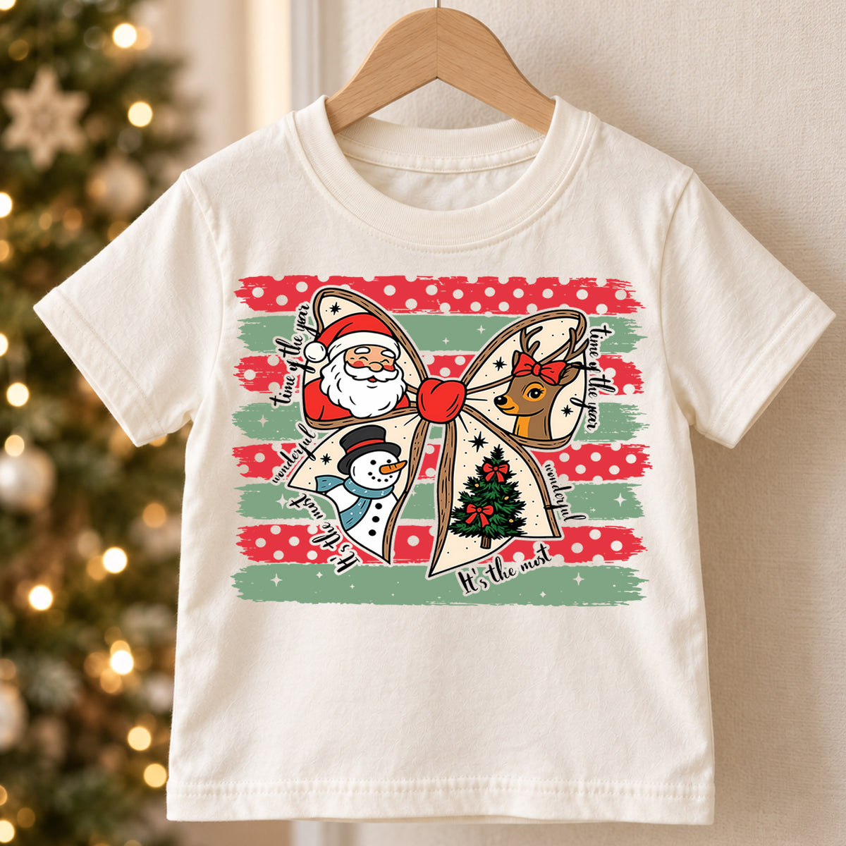 Retro Christmas Bow Grid Shirt, Festive Holiday Characters Tee, Cute Santa Reindeer Kids Outfit, Gift Holiday Outfit for Boys Girls — product view 5