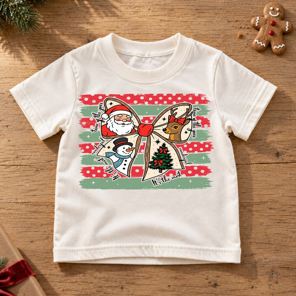 Retro Christmas Bow Grid Shirt, Festive Holiday Characters Tee, Cute Santa Reindeer Kids Outfit, Gift Holiday Outfit for Boys Girls — product view 6