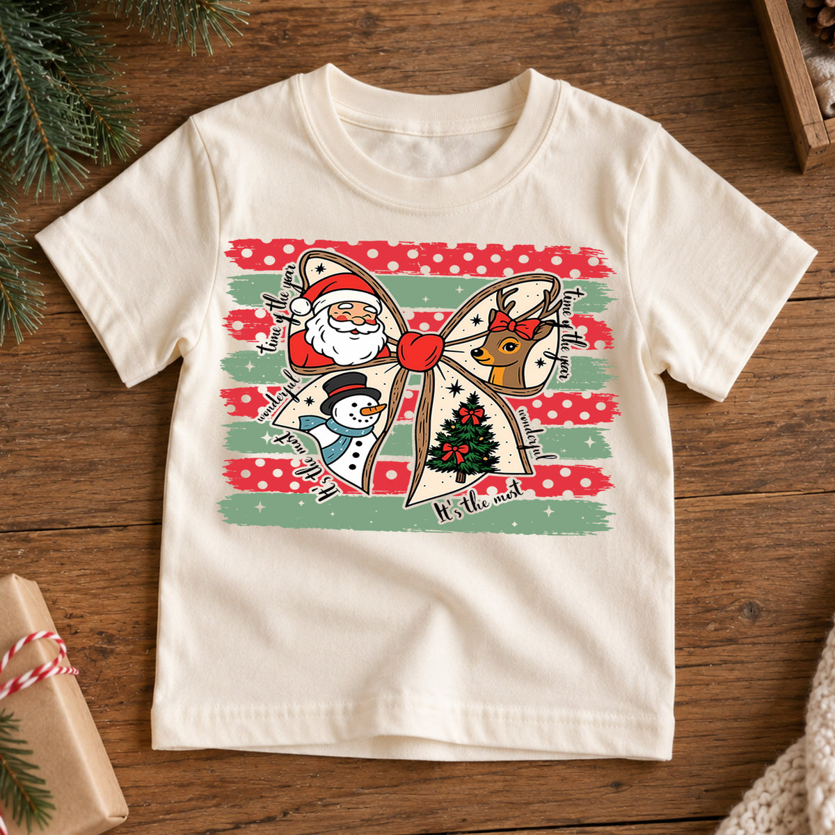 Retro Christmas Bow Grid Shirt, Festive Holiday Characters Tee, Cute Santa Reindeer Kids Outfit, Gift Holiday Outfit for Boys Girls — product view 7