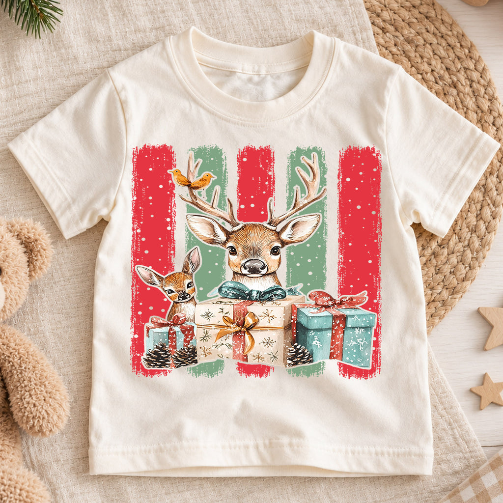 Woodland Deer Christmas Shirt, Cute Reindeer Winter Gifts Tee, Festive Holiday Animal Kids Top, Gift Holiday Outfit for Boys Girls — product view 1
