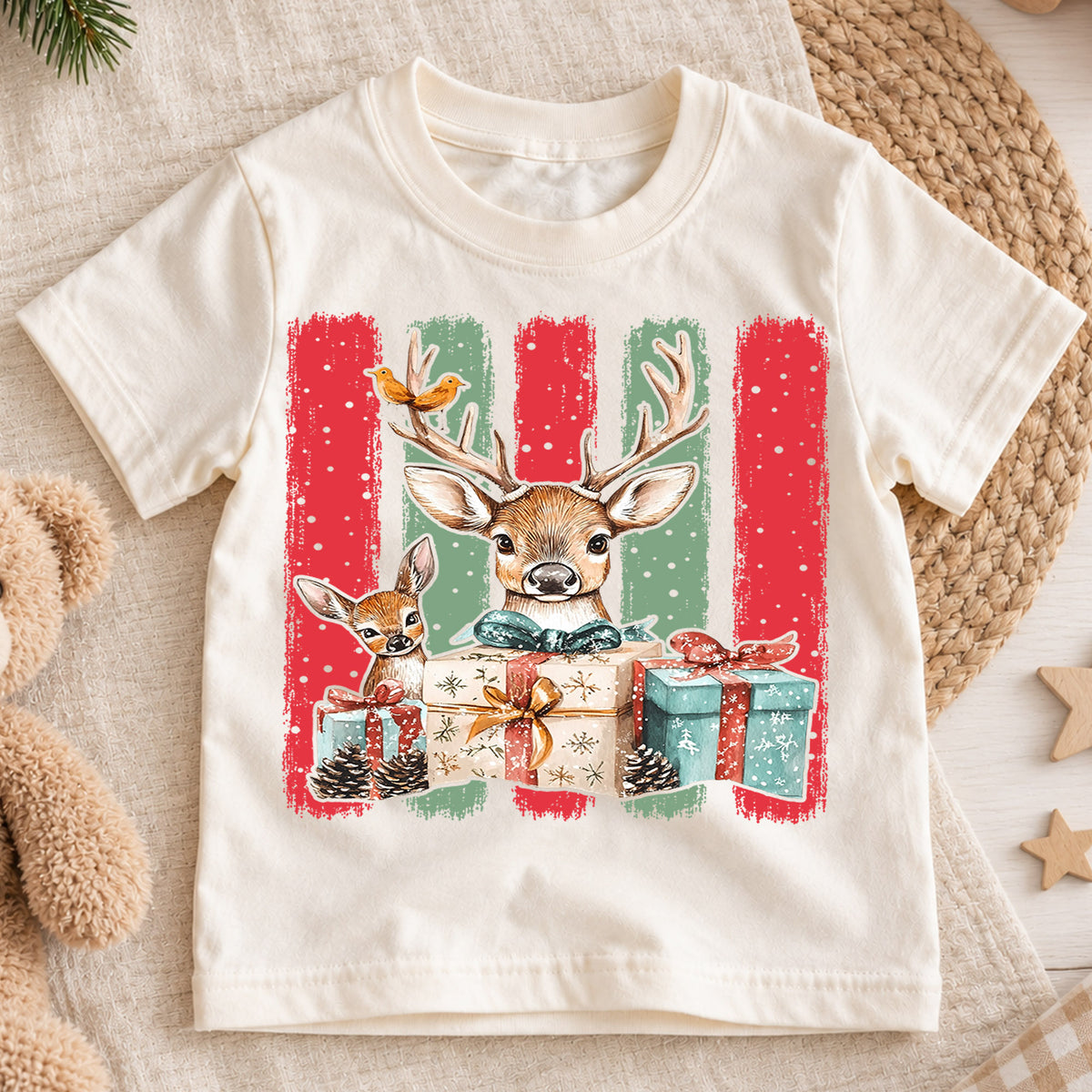 Woodland Deer Christmas Shirt, Cute Reindeer Winter Gifts Tee, Festive Holiday Animal Kids Top, Gift Holiday Outfit for Boys Girls — product view 1
