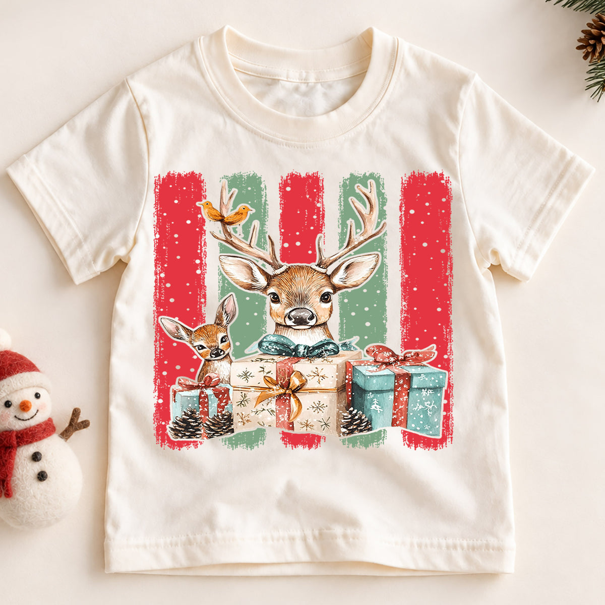 Woodland Deer Christmas Shirt, Cute Reindeer Winter Gifts Tee, Festive Holiday Animal Kids Top, Gift Holiday Outfit for Boys Girls — product view 2